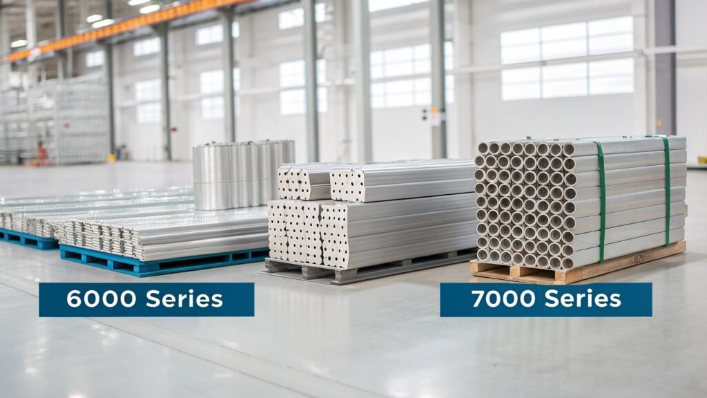 A Venn diagram comparing 6000 and 7000 series aluminum, showing overlapping properties like 'Heat Treatable' and 'Good Strength', but with distinct areas for 'Excellent Corrosion Resistance' (6000) and 'Ultra-High Strength' (7000).